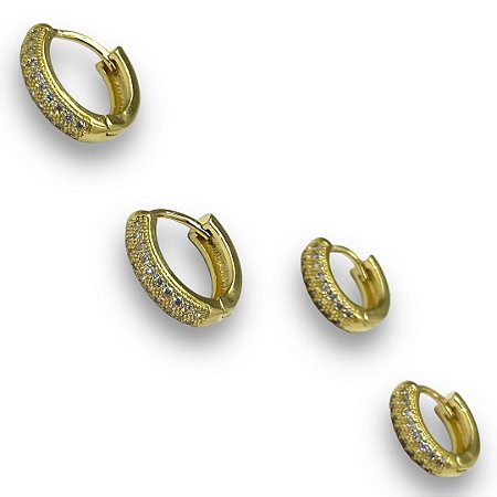 Brinco Semijoia Dupla Argolinhas Cravejada Zircônias Cristal
