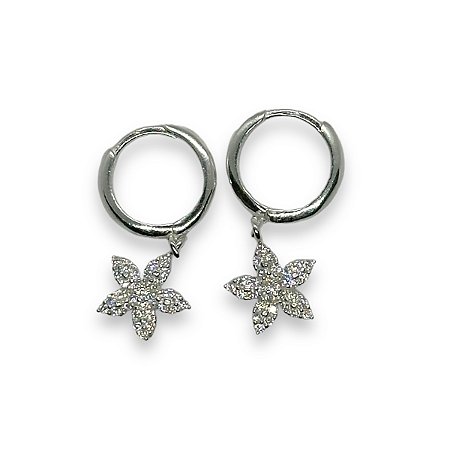 Brinco Prata 925 Argolinha Cravejada Flor