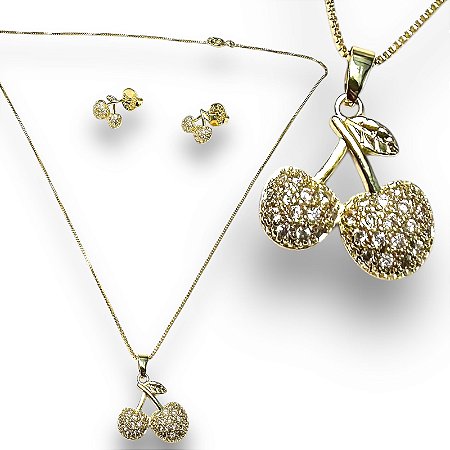 Conjunto Semijoia Cereja Cravejado com Zircônias