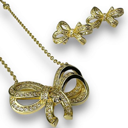 Conjunto Semijoia Laços Luxo Cravejado Zircônias Cristal