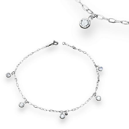 Tornozeleira Prata 925 Pontos de Luz Zircônia Cristal