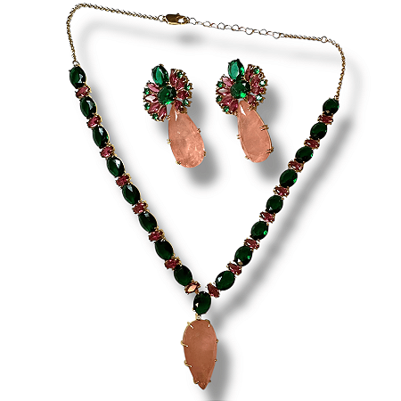 Conjunto Semijoia Luxo Pedras Naturais Verde, Vermelho e Rosa