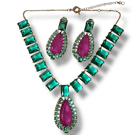Conjunto Semijoia Luxo Pedras Naturais Verde e Rosa