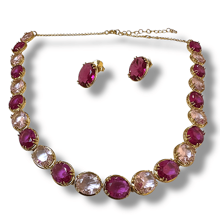 Conjunto Semijoia Luxo Pedras Naturais Rosas