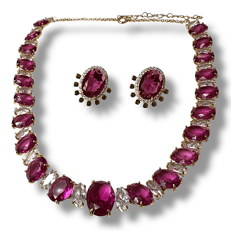 Conjunto Semijoia Luxo Pedras Naturais Rosa e Cristal
