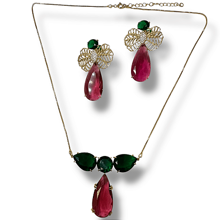 Conjunto Semijoia Luxo Pedras Naturais Verde e Vermelha