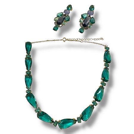 Conjunto Semijoia Luxo Pedras Naturais Verde e Lilás