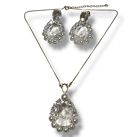Conjunto Semijoia Luxo Pedra Natural Cristal com Pérola