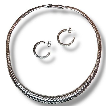 Conjunto Semijoia Luxo Aro Rígido Ródio Branco