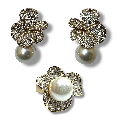 Conjunto Semijoia Luxo Flor com Pérolas e Microzircônias