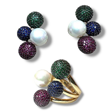 Conjunto Semijoia Luxo Bolinhas Coloridas com Pérolas e Microzircônias