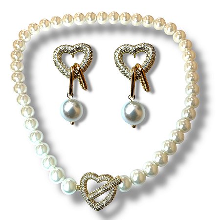 Conjunto Semijoia Luxo Coração com Microzircônias e Pérolas