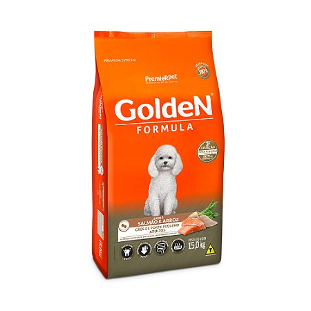 GOLDEN FÓRMULA MINI BITS CÃES ADULTO PORTE PEQUENO SABOR SALMÃO E ARROZ 15 KGS