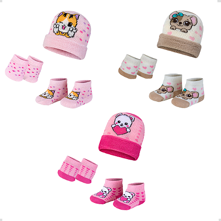 Kit 3 Toucas Meias e Luvas Bebê Fofo Estampada Com Bichinhos Confortável