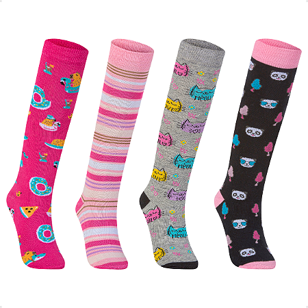 Kit 4 Pares Meia Feminina Cano Longo 3/4 Divertida