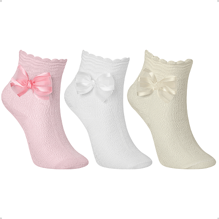 Kit 3 Pares Meia Bebê Infantil Recém-Nascido Cano Curto com Laço