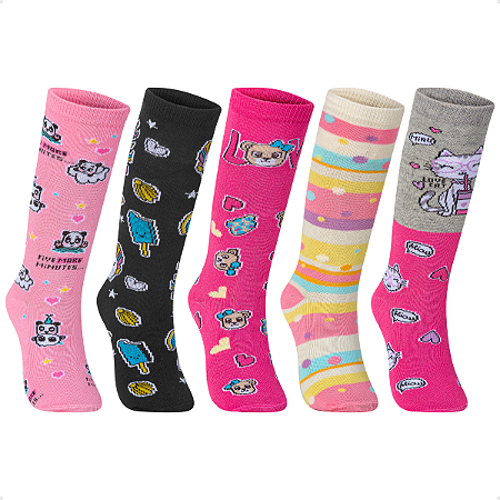 Kit 5 Pares Meia Infantil Cano Alto Estampa Divertida Fofa