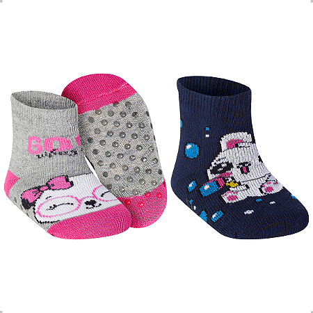 Kit 2 Pares Meia Bebê Infantil Antiderrapante Desenho Divertido