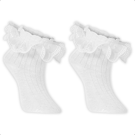 Kit 2 Pares Meia com Tule Bordado Infantil Bebê Menina Algodão