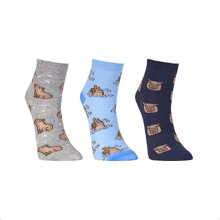 Kit 3 Pares Meia Capivara Cano Curto Infantil Fun Socks Desenho Divertida Estampada Engraçada Fofa