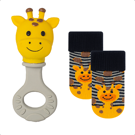 Kit Chocalho Mordedor para Bebê + Par de Meias - 04 a 12 Meses