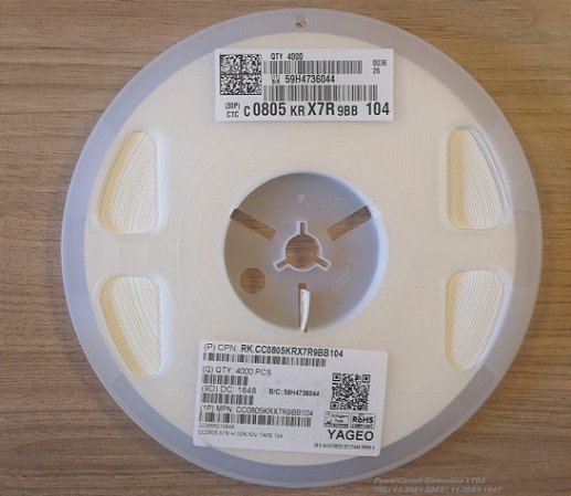 Capacitor Cerâmico SMD 0805 100NF/50V 10% X7R CC0805KRX7R9BB104 YAGEO BOBINA C/4000