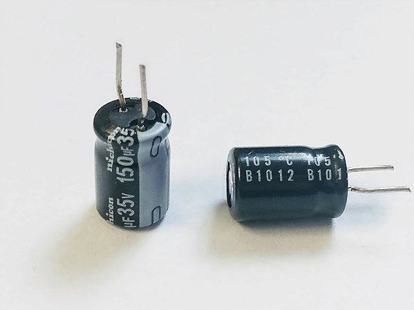 Capacitor Eletrolítico 150UF/35V 8X12MM 105°C P:5,00MM PREFORMADO 7,5mm
