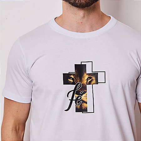 Camiseta basica cristã Leão cruz Fé unissex 30.1 Penteado