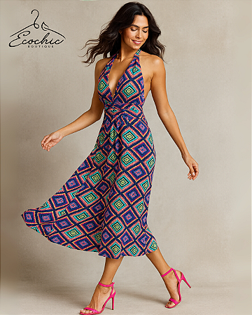 Vestido Longo Maxi Dress Halter Neck Estampado | Tam. M