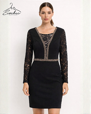 KESSES | VESTIDO PRETO COM MANGAS E DECOTE EM RENDA