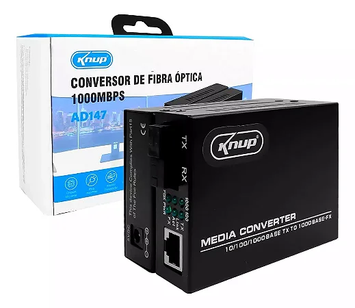 CONVERSOR DE FIBRA OPTICA GIGABIT 1000MBPS RJ45 LEDS INDICADORES PAR A+B BIVOLT 110/220VAC KP-AD147 KNUP