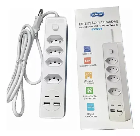 EXTENSAO ELETRICA 2 METROS 4 TOMADAS 2 USB 2 USB TYPE-C BX2204 KNUP