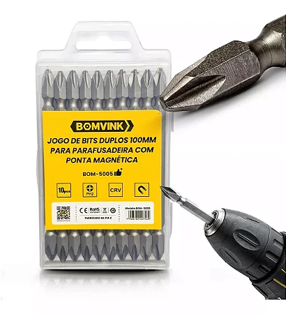 JOGO DE BITS DUPLOS 100MM PARA PARAFUSADEIRA COM PONTA MAGNÉTICA 10 UNIDADES BOM-5005 BOMVINK