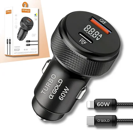 KIT CARREGADOR VEICULAR 2 PORTAS USB-A E USB-C 60W EXIBICAO LED MAIS CABO TIPO-C A'GOLD PRO