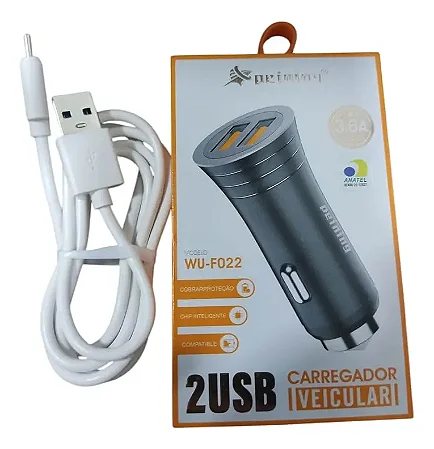 KIT CARREGADOR VEICULAR 2 PORTAS USB-A MAIS CABO LIGTHING WU-F022 IP PEINING