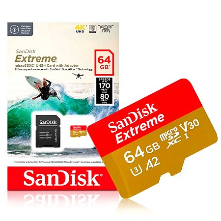 CARTAO DE MEMORIA 64GB MICRO SD EXTREME 4K U3 A2 V30 SDSQXAH-064G-GN6AA SANDISK