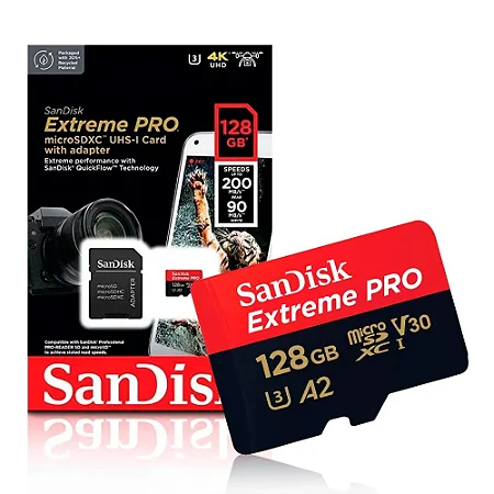 CARTAO DE MEMORIA 128GB MICRO SD EXTREME PRO 4K UHD U3 A2V30 200MBPS READ 90MBPS WRITE SDSQXCD-128G-6N6MA SANDISK