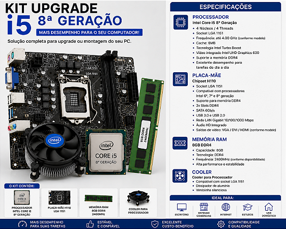 KIT UPGRADE I5 8 GERAÇAO MB H110 8GB DE RAM