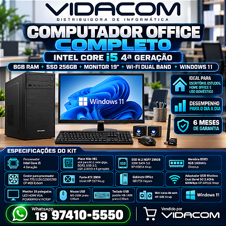 COMPUTADOR OFFICE CORE I5 240GB 8GB DE RAM FONTE 200W TECLADO E MOUSE MONITOR E CAIXA DE SOM WIFI DUAL BAND WINDONS 11