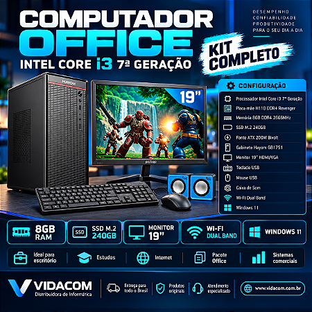COMPUTADOR OFFICE I3 7100 240GB 8GB DE RAM FONTE 200W TECLADO E MOUSE MONITOR E CAIXA DE SOM WIFI DUAL BAND WINDONS 11