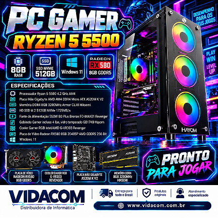 PC GAMER RYZEN 5 5500 8GB DE RAM M2 512GB RX580 8GB WIN 11