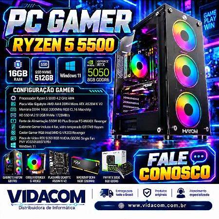 PC GAMER RYZEN 5 5500 16GB DE RAM M2 512GB RTX5050 8GB WIN 11