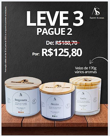 Kit 3 velas 170g - Promoção (Vanilla, Alecrim, Romã e Peônia) Pote Polímero