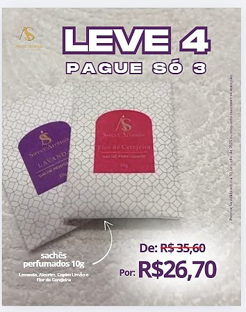 Leve 4 e Pague 3 - Sachê Perfumado 10g (Alecrim, Flor de Cerejeira, Capim Limão e Lavanda)