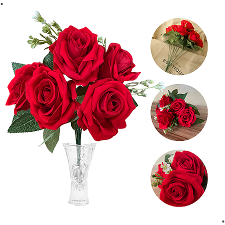 Buquê De Rosas Vermelhas Aveludadas 6 Flores Artificial