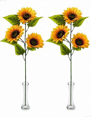 Kit 2 Galhos Girassol Artificial Grande 3 Flores  Haste Luxo