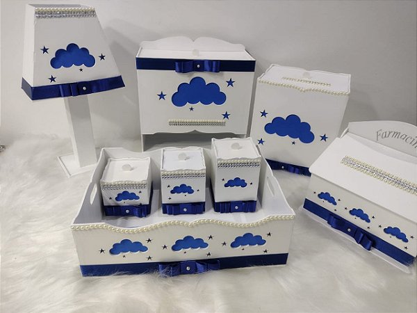 Kit Higiene em MDF de Nuvem na cor Azul Escuro
