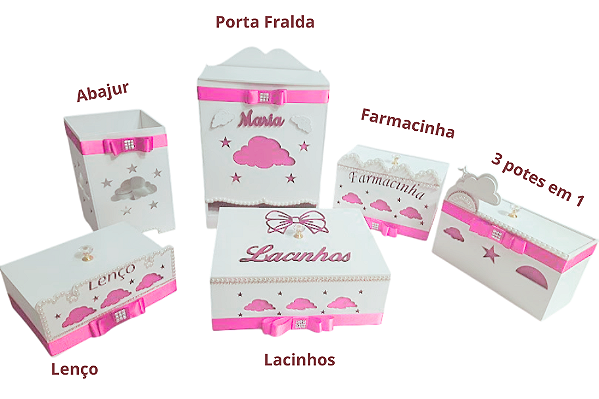 Kit Higiene Bebê Nuvem na cor Rosa – Porta Fraldas, Farmacinha, Potes, Lixeira