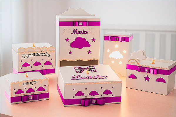 Kit Higiene Bebê Nuvem na cor Rosa Pink – Porta Fraldas, Farmacinha, Potes, Lixeira