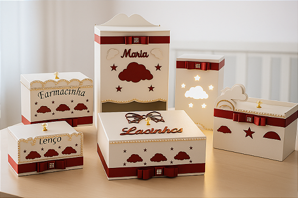 Kit Higiene Bebê Nuvem na cor Vermelho – Porta Fraldas, Farmacinha, Potes, Lixeira